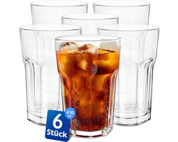 Set van 6 waterglazen, grote glazen van 410 ml, stapelbaar, ideaal voor sappen, ijskoffie, latte macchiato