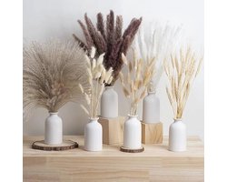 Set van 6 Witte Keramische Vazen met Gedroogd Pampasgras - Boho Esthetische Decoratie voor Bruiloft, Woonkamer en Eettafel