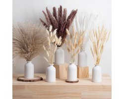 Set van 6 Witte Keramische Vazen met Gedroogd Pampasgras - Boho Esthetische Decoratie voor Bruiloft, Woonkamer en Eettafel