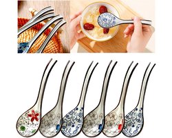 Set van 6 Witte Porseleinen Soepscheppen voor Ramen, Pho en Wonton - Ideaal voor Miso en Muli Gerechten, 16.5 cm Lange Chinese Ceramische Lepels