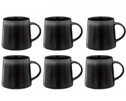 Set van 6 Zwarte Gres Mokken – 52cl – Stevige Koppen met Oor – 13,5 x 9,3 x 10 cm - Keramiek - Koffie - Thee