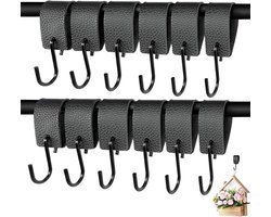 Set van 6 zwarte S-haken voor het ophangen van kleding, geschikt als kapstokhaken en vleeshaken.