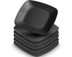 Set van 6 Zwarte Steengoed Serveerplaten voor Desserts en Hapjes, Rechthoekig en Vaatwasserbestendig, Ideaal voor Sushi, Salades en Snacks