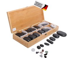 Set van 64 basalt hot stones - Diverse maten - In houten kist - Voor warmtebehandeling