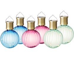 Set van 6x stuks buiten led roze, blauwe en groene lampion solar verlichting 11 cm