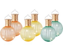 Set van 6x stuks buiten led turquoise, oranje en gele lampion solar verlichting 11 cm