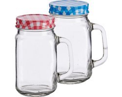 Set van 6x stuks glazen Mason Jar drinkbekers/drinkpotjes met gekleurde dop 430 ml - anti-lek drinkglazen