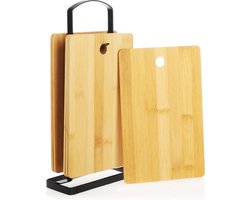 Set van 7 bamboe snijplanken - Ontbijtplanken met plankstandaard - Kleine serveerschalen - Broodplanken met metalen standaard (07 stuks - bamboe)