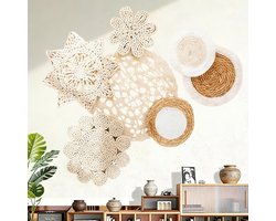 Set van 7 Boho Muur Mand Decor - Zeegras Rotan Rieten Muur Decor Ronde Handgemaakte Hangende Rustieke Platte Elegante Wall Art voor Boerderij Woonkamers Slaapkamers Display Tafel Instellingen Keuken