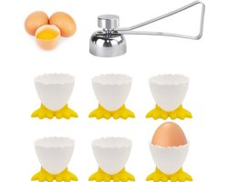 Set van 7 eierdopjes Eieropener Set Eierstandaard Eierhouder Kinderontbijt Eierdopje, 6 x Grappige eierdopjeset met 1 x roestvrijstalen eieropener voor rauwe gekookte eierenbrunch (geel)