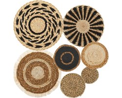 Set van 7 Ronde Wanddecoratie - Bohemian - Rustic Wanddecoratie voor de Woonkamer - Rieten Wanddecoratie - Ronde Houten Wanddecoratie voor Kantoor en Woonkamer