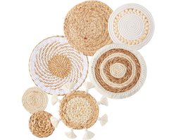 Set van 7 Ronde Wanddecoratie Manden - Zeegras & Rotan - Boho Wicker Wandhangers