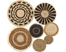 Set van 7 ronde wanddecoraties - Boho - rustieke woonkamer wanddecoratie - rotan wanddecoratie - ronde houten wanddecoratie voor kantoor en woonkamer