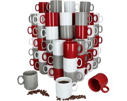 Set van 72 EVENT stapelbare koffiemokken TRIO wit grijs rood porselein 250 ml