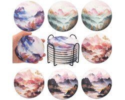 Set van 8 Absorberende Steen- en Kurken Coasters met Metaalhouder voor Bescherming van Tafel, Bar en Dranken, Diverse Patronen voor Koffietafel en Lounge