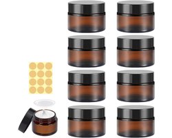 Set van 8 Amber Glazen Potjes voor Cosmetica, Crème, Lotion en Stickers met Lepel - Herbruikbare Lege Verpakkingen