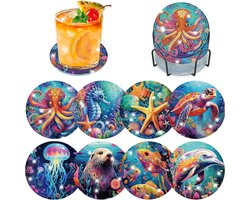 Set van 8 Diamant Kunst Coasters met Houder - DIY Coasters voor Volwassenen en Beginners, Leuke Onderzetters met Kurk voor Drankjes