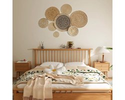 Set van 8 Gevlochten Zeegras Wandschalen – Ronde Boho Wanddecoratie voor Woonkamer en Slaapkamer, Handgemaakte Rieten Muurmanden met Centraal Sieraad, Bohemian Ibiza Stijl