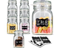 Set van 8 Glazen Pot Opberg 075 Liter - Luchtdichte Clip Bovenste Deksel - 12 Stickers en 1 Anti-Stof Krijt