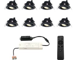 Set van 8 HOFTRONIC Sienna - LED Inbouwspot voor veranda, overkapping en badkamer - Zwart - 12 volt - Incl. afstandsbediening - Dimbaar en kantelbaar - 3 Watt 200 lumen - Zaagmaat: Ø 44 mm - extra plat 30mm - 2700K Warm wit - IP44 waterdicht