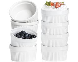 Set van 8 keramische crème brûlée kommen, soufflévormen en ovenbestendige ramekins voor ragout, muffins en panna cotta, 7,5 cm, 120 ml, wit
