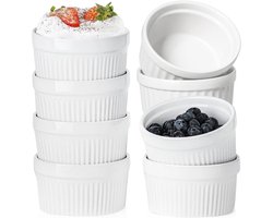 Set van 8 keramische crème brûlée schaaltjes, soufflévormen en ovenbestendige ramekins voor ragout, muffins en panna cotta - 7,5 cm, 120 ml, wit