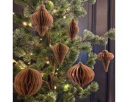 Set van 8 Kerstornamenten – Mix van vormen - Duurzame Kerstdecoratie van FSC-papier - Kerstversiering - Kerstballen – Bruin & Goud - Onbreekbaar Kerstboomdecoratie - Herbruikbare Kerstversiering - Kersttrend