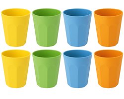 Set van 8 Kunststof Bekers – 300 ml – Onbreekbaar – 4 Kleuren (Geel, Oranje, Blauw, Groen) – Vaatwasserbestendig – Polypropyleen – Herbruikbaar
