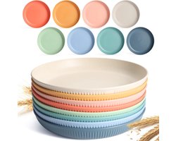 Set van 8 lichte, kleine campingborden (9 inch) — Duurzaam, breukvast, magnetron- en vaatwasserbestendig — Eenvoudig te reinigen en herbruikbaar-Beige + roze + lichtblauw + lichtgroen + geel + oranje + donkerblauw + donkergroen