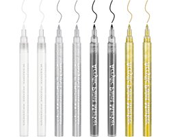 Set van 8 Metallic Acrylverf Stiften voor Schilderen op Steen, Hout, Porselein en Textiel - 0.7mm Acrylmarkers in Wit, Zwart, Goud en Zilver