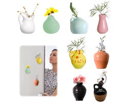 Set van 8 Mini Keramische Vazen met Magneten voor de Koelkast - Schattige 3D Planten Magneten als Keukenaccessoires, Decoratie en Cadeau Ideeën