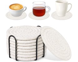 Set van 8 onderzetters (inclusief opbergrek), waterabsorberende onderzetters, geschikt voor salontafels, minimalistische set van geweven katoenen onderzetters, geschikt voor alle soorten bekers, diameter 11 cm.