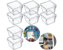 Set van 8 opbergbakjes – Bakjes voor kantoorbenodigdheden – Cosmetica organizers – Minibakjes – Ladeverdelers – Sieraden uitgiftedozen – Vierkante doos – Voor kantoor, kaptafel, lades (7,5 x 3,5 cm – Transparant)