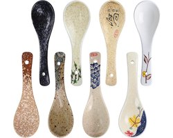 Set van 8 Retro Keramische Soeplepels met Onder-glazuur Patroon voor Thuis, Hotels en Restaurants