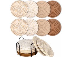 Set van 8 Ronde Onderzetters met Standaard - Onderzettersset - Thermische isolatie - Antislip Gevlochten Katoenen Onderzetters voor Glazen - Onderzettersset - Onderzetters met Houder - Voor dranken, bar, kopjes, tafelonderzetters - D11 cm - Geel