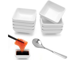 Set van 8 Stapelbare Mini Sauskommen van Wit Keramiek met RVS Lepel voor Dips, Sojasaus en Specerijen, Vaatwasserbestendig en Herbruikbaar