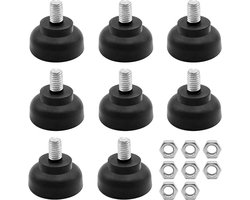 Set van 8 Verstelbare Meubelpoten M8 x 35mm - Ronde Rubber Voeten met Schroef en 8 Moeren - Antislip en Schokabsorberend voor Tafels, Stoelen en Kasten in Zwart
