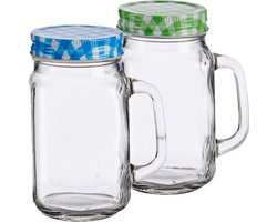 Set van 8x stuks glazen Mason Jar drinkbekers/drinkpotjes met gekleurde dop 430 ml - anti-lek drinkglazen