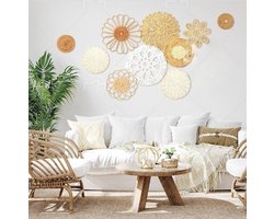 Set van 9 Gevlochten Zeegras Wandschalen – Ronde Boho Wanddecoratie voor Woonkamer en Slaapkamer, Handgemaakte Rieten Muurmanden in Natuurlijke Tinten, Bohemian Ibiza Stijl