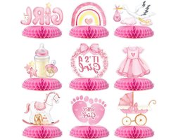 Set van 9 honingraat tafel middenstukken in roze en wit voor geslacht onthulling en meisjes baby shower decoraties, voor een feestelijke en sfeervolle aankleding