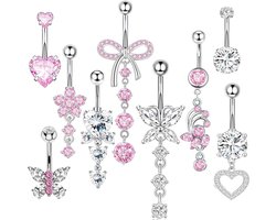 Set van 9 korte navelpiercings met vlinder- en bloemhanger | Chirurgisch staal | Zilverroze design