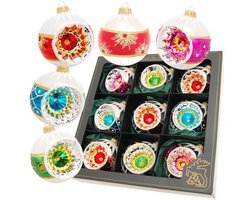 Set van 9 Retro Reflector Kerstballen – Glas – Krebs Lauscha