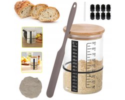 Set Van 900 ml Glazen Fermentatiepot Met Houten Deksel Thermometerstrip Elastische Band Stoffen Hoes En Siliconen Spatel - Brede Opening Herbruikbaar Voor Zuurdesem En Fermentatie