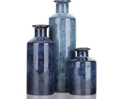 Set van Ceramische Blauw Vazen - 3 Kleine Vazen voor Thuis - Landelijke Woonkamer Decoratie - Tafel Decoratie - Schouw Decoratie - Oogverblindende Stukken voor Hal