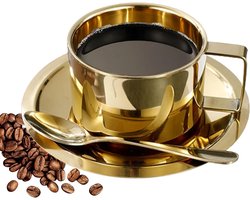 Set van Dubbelwandige RVS Koffiekopjes met Lepel en Schotel – 200ml Goud