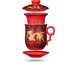 Set van theekopje met theezeef, deksel en schotel, Chinese draken patroon, 4 kleuren, Chinese porselein, persoonlijke theekopje, 400 ml, rood