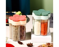 Set van twee 5-in-1 kruidenpotjes, transparante kruidenpotjes met 5 vakjes, Geschikt voor specerijen, kruiden, zout, peper, barbecues, picknicks, reizen, kamperen en keukengebruik (rood + groen).
