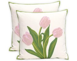 Set van twee geborduurde sierkussenslopen, 45x45 cm, met een landelijk bloemenpatroon, Geschikt voor slaapbanken in de woonkamer (roze tulp).