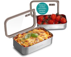 Set van twee roestvrijstalen lunchboxes - 700 ml en 1000 ml - Met glazen deksel - Magnetronbestendig - Stijlvol en functioneel
