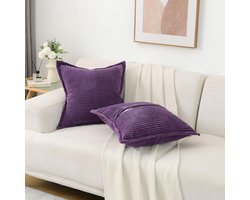 Set van twee ultrazachte corduroy kussenslopen, 45 x 45 cm, gestreepte decoratieve bankkussenhoezen, geschikt voor woonkamers, kantoren, slaapkamers, enz., woondecoratie, Paars.